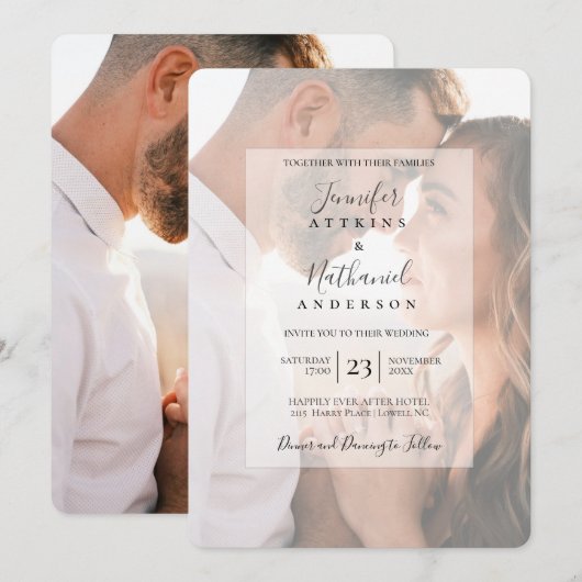 Modern Black White Overlay Photo Wedding Invitatio Kaart (Voorkant / Achterkant)