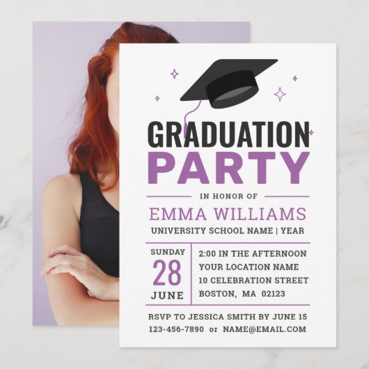 Modern Black White Paars | Fotogradatiepartij Kaart (Voorkant / Achterkant)