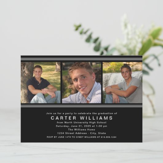 Modern Black White Photo Collage Graduparty Kaart (Staand voorkant)