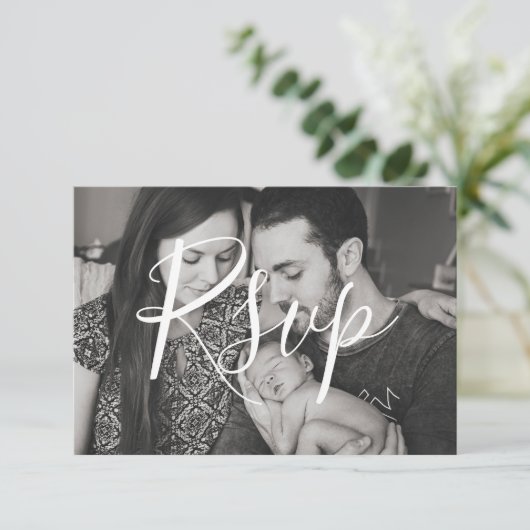Modern Black & White Photo Family Wedding RSVP Kaartje (Staand voorkant)