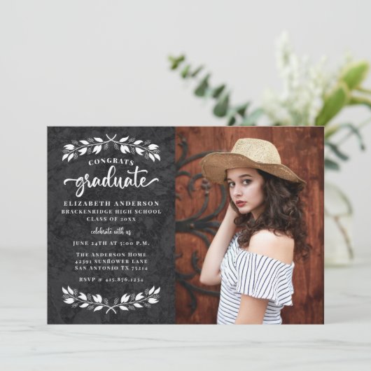 Modern Black White Photo Graduparty Aankondiging (Staand voorkant)