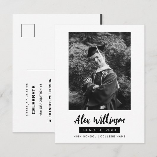 Modern Black White Photo Minimalist Afstuderen Uitnodiging Briefkaart (Voorkant / Achterkant)
