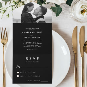 Modern Black & White Photo Simple RSVP Weddenschap All In One Uitnodiging