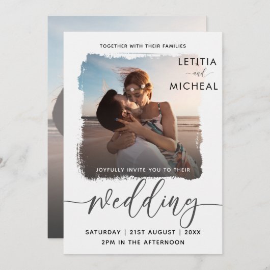 Modern Black & White Photo Template Weddenschap Kaart (Voorkant / Achterkant)