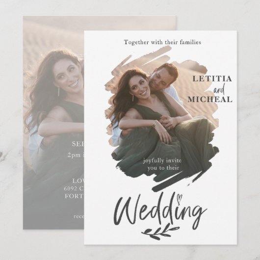 Modern Black & White Photo Wedding Invitation Kaart (Voorkant / Achterkant)