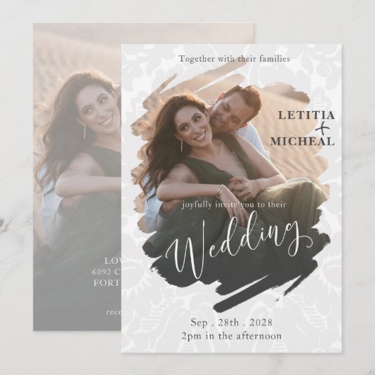 Modern Black & White Photo Wedding Invitation Kaart (Voorkant / Achterkant)