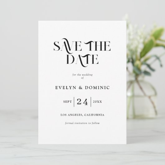 Modern Black White Retro Wedding Save The Date (Staand voorkant)