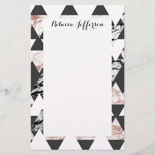 Modern Black White Roos Gold Marble Geo Triangles Briefpapier (Voorkant)