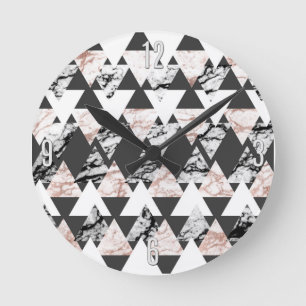Modern Black White Roos Gold Marble Geo Triangles Ronde Klok