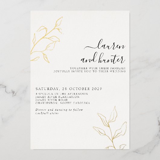 Modern Black White Script Botanical Weddenschap Go Folie Uitnodiging (Voorkant)