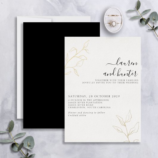 Modern Black White Script Botanical Weddenschap Go Folie Uitnodiging