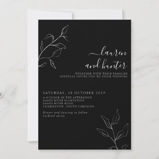 Modern Black White Script Botanical Wedding Invit Kaart (Voorkant)