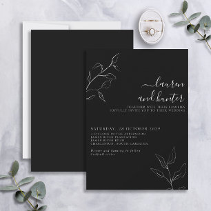Modern Black White Script Botanical Wedding Invit Kaart