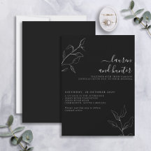 Modern Black White Script Botanical Wedding Invit