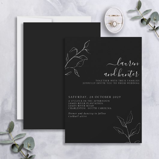 Modern Black White Script Botanical Wedding Invit Kaart