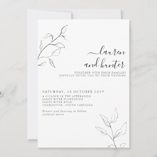 Modern Black White Script Botanical Wedding Kaart (Voorkant)