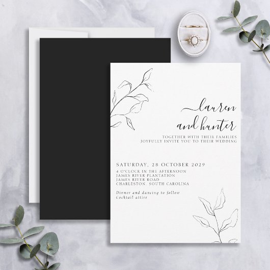 Modern Black White Script Botanical Wedding Kaart