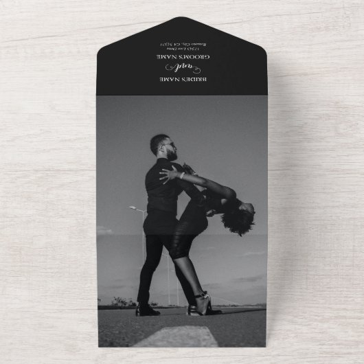 Modern Black & White Script Couple Photo Wedding All In One Uitnodiging (Buitenkant)