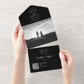 Modern Black & White Script Couple Photo Wedding All In One Uitnodiging (Afscheurbaar)