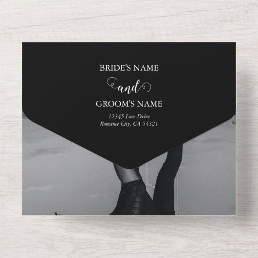 Modern Black & White Script Couple Photo Wedding All In One Uitnodiging (Achterkant)