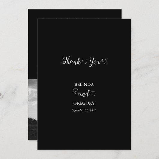 Modern Black & White Script Couple Photo Wedding Bedankkaart (Voorkant / Achterkant)