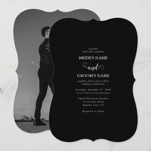 Modern Black & White Script Couple Photo Wedding Kaart (Voorkant / Achterkant)