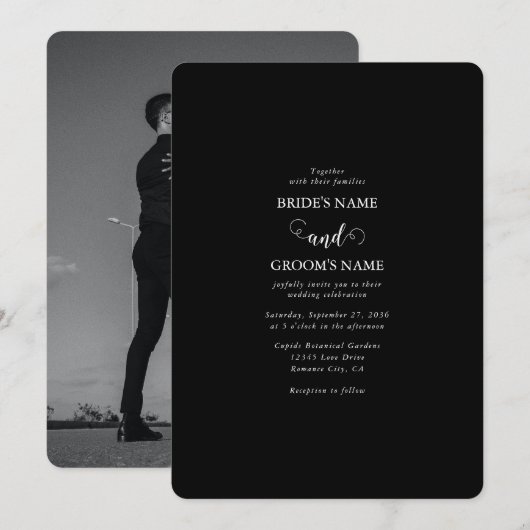 Modern Black & White Script Couple Photo Wedding Kaart (Voorkant / Achterkant)