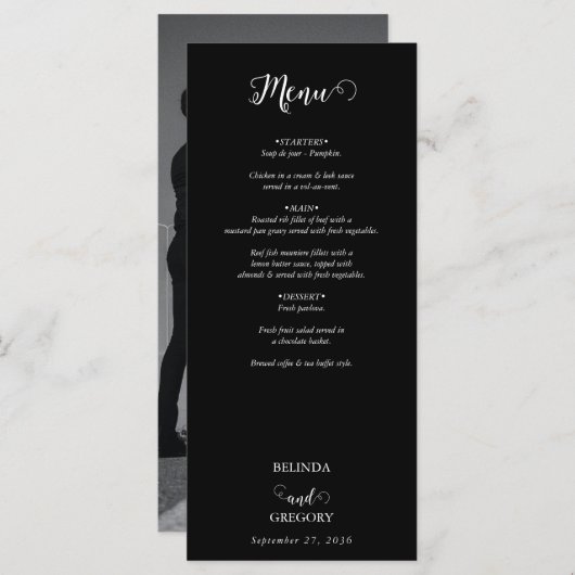 Modern Black & White Script Couple Photo Wedding Menu (Voorkant / Achterkant)