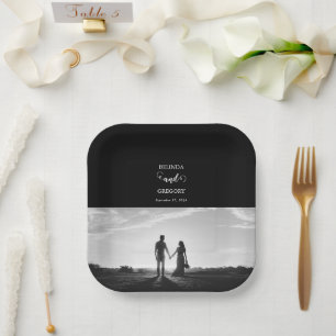 Modern Black & White Script Couple Photo Wedding Papieren Bordje