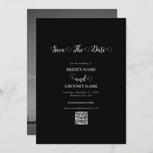 Modern Black & White Script Couple Photo Wedding Save The Date (Voorkant / Achterkant)