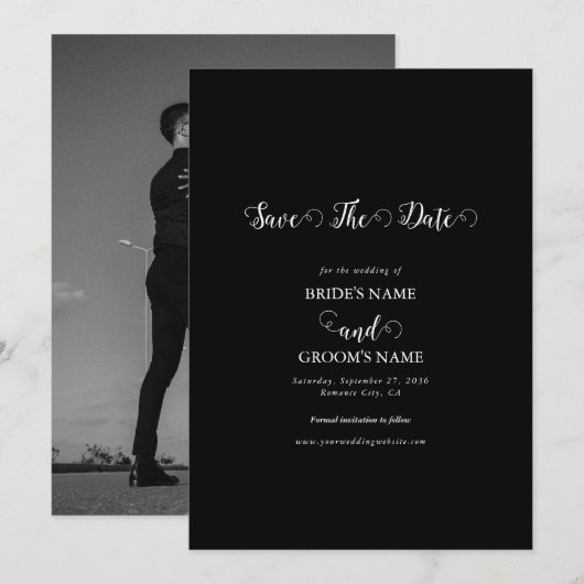 Modern Black & White Script Couple Photo Wedding Save The Date (Voorkant / Achterkant)