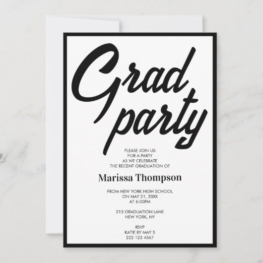 Modern Black White Script Graduation Party Kaart (Voorkant)
