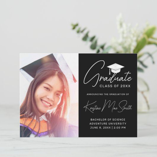 Modern Black White Script Photo College Graduing Aankondiging (Staand voorkant)