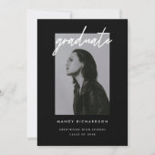 Modern Black White Script Photo Graduation Party Kaart (Voorkant)