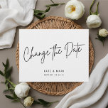 Modern Black White Script Wedding verander de datu Briefkaart<br><div class="desc">Aangepast ontworpen bruiloft uitstel/wijziging van het datumontwerp met een modern zwart-wit handschrift.</div>
