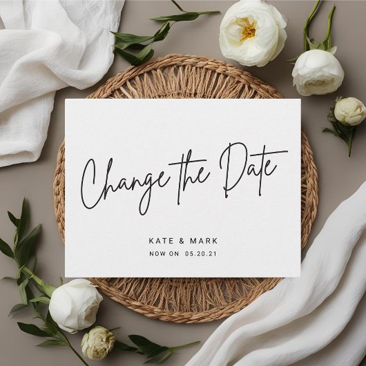 Modern Black White Script Wedding verander de datu Briefkaart