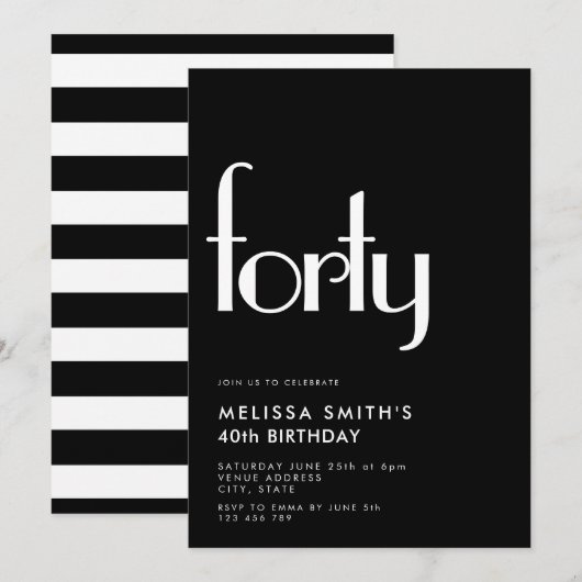 Modern Black White Simple 40th Birthday Kaart (Voorkant / Achterkant)