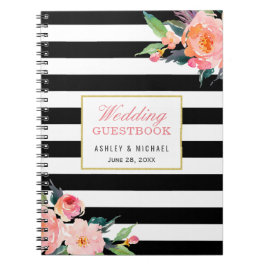 Modern Black White Stripe Floral Wedding Guestbook Notitieboek