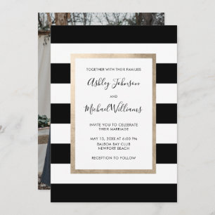 Modern Black White Stripe Script Roos Gold Photo Kaart