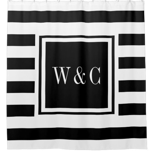 Modern Black White Stripe Trendy Monogram Douchegordijn (Voorkant)