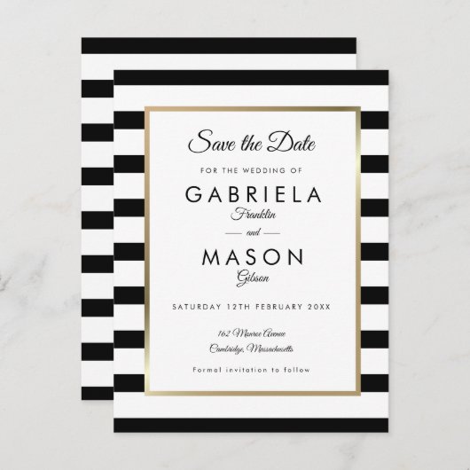 Modern Black White Stripe Wedding Save the Date Aankondigingskaart (Voorkant / Achterkant)