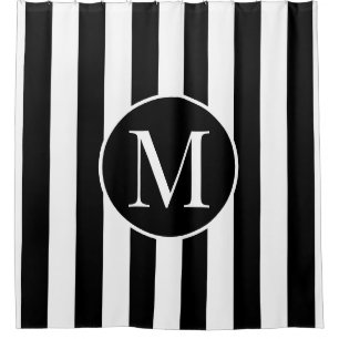 Modern Black White Stripes Elegant Monogram Douchegordijn