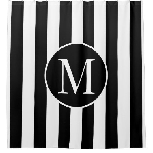 Modern Black White Stripes Elegant Monogram Douchegordijn (Voorkant)