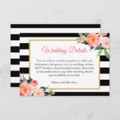 Modern Black White Stripes Floral Wedding Details Informatiekaartje (Voorkant / Achterkant)