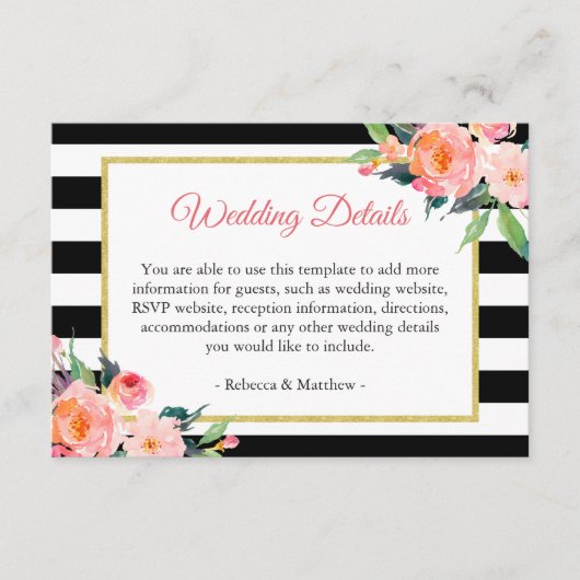 Modern Black White Stripes Floral Wedding Details Informatiekaartje (Voorkant)