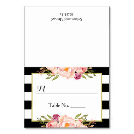 Modern Black White Stripes Floral Wedding Place Kaart
