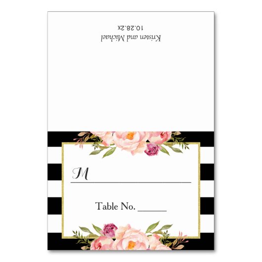 Modern Black White Stripes Floral Wedding Place Kaart (Voorkant)