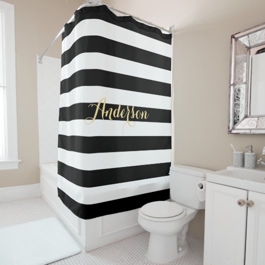 Modern Black White Stripes Gold Family Name Bath Douchegordijn (In situ)