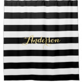 Modern Black White Stripes Gold Family Name Bath Douchegordijn (Voorkant)