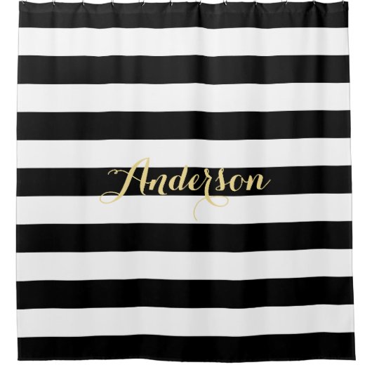Modern Black White Stripes Gold Family Name Bath Douchegordijn (Voorkant)